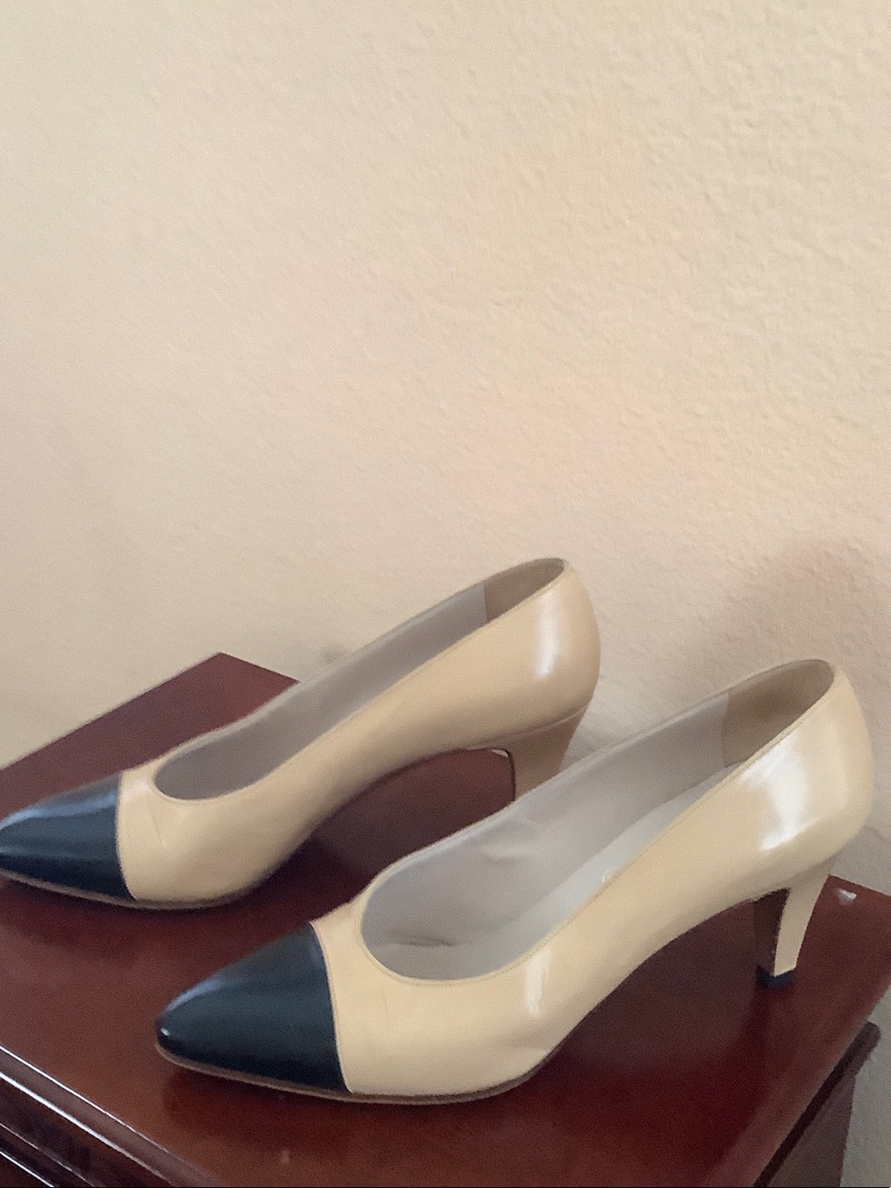 CHANEL Beige and Black Pointed Toe Leather Pumps - Picture 2 of 5